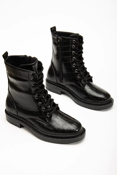 Siyah Kroko Bağcıklı Fermuarlı Günlük Kadın Bot - 2