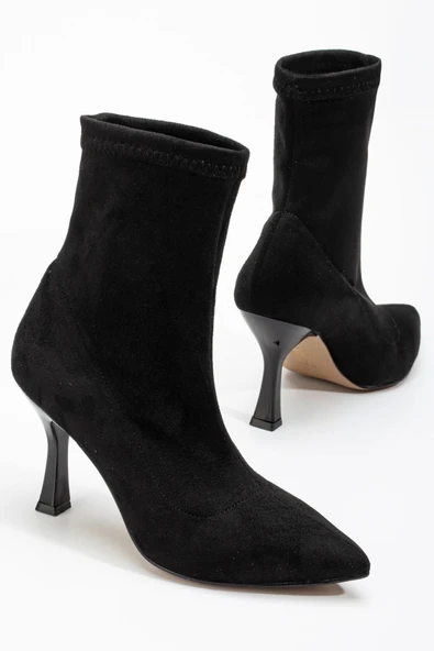 Siyah Süet Yüksek İnce Topuklu Streç Kadın Bot - Resim 3