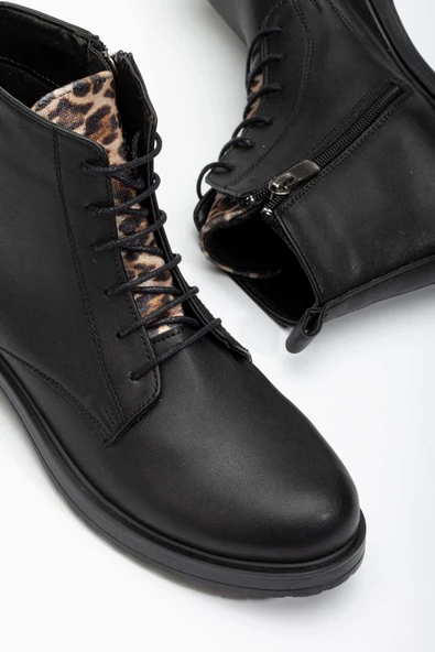 Siyaha Leopar Bağcıklı Fermuarlı Günlük Kadın Bot - Resim 4