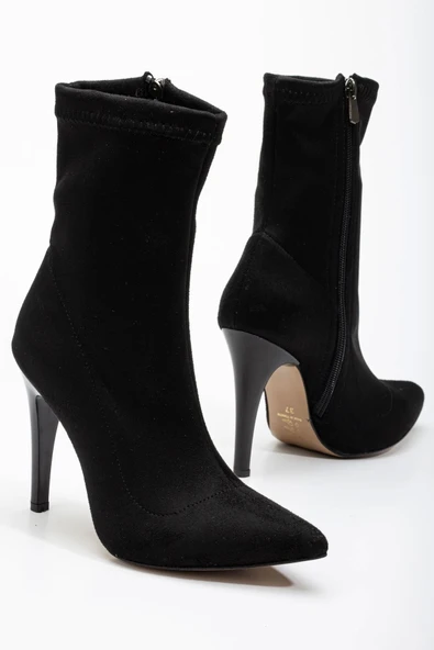 Siyah Süet Yüksek İnce Topuklu Fermuarlı Kadın Bot - Resim 7