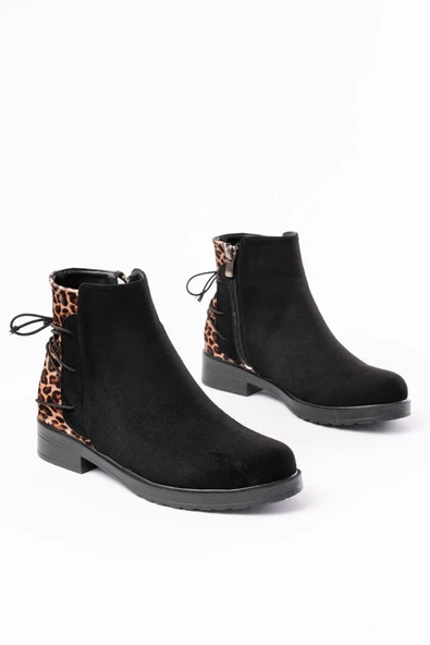 Siyah Leopar Arka Bağcık Aksesuarlı Fermuarlı Günlük Kadın Bot - Resim 5