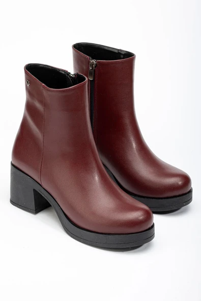 Bordo Fermuarlı Kalın Topuklu Günlük Kadın Bot - Resim 3