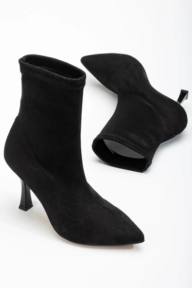 Siyah Süet Yüksek İnce Topuklu Streç Kadın Bot - Resim 7