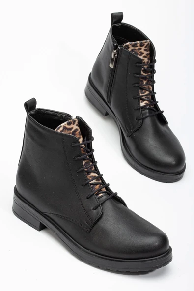 Siyaha Leopar Bağcıklı Fermuarlı Günlük Kadın Bot ürün görseli 1
