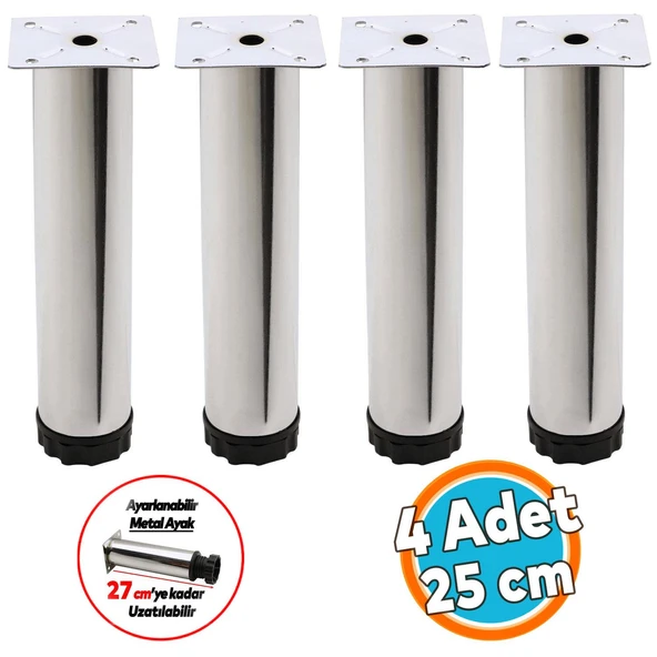 Mobilya Kanepe Baza Koltuk Metal Yükseltici Destek Ayağı Ayarlanabilir Krom Ayak 25 cm 4 Adet