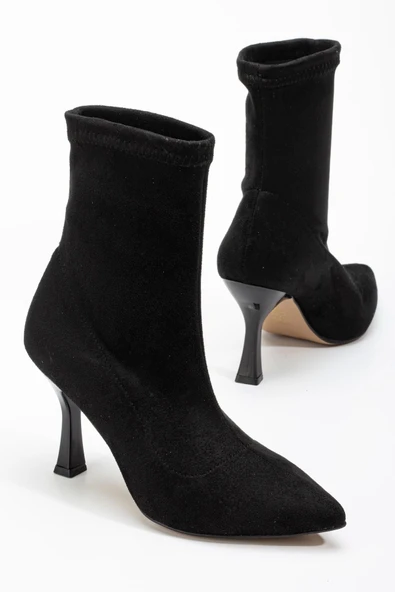 Siyah Süet Yüksek İnce Topuklu Streç Kadın Bot - Resim 6