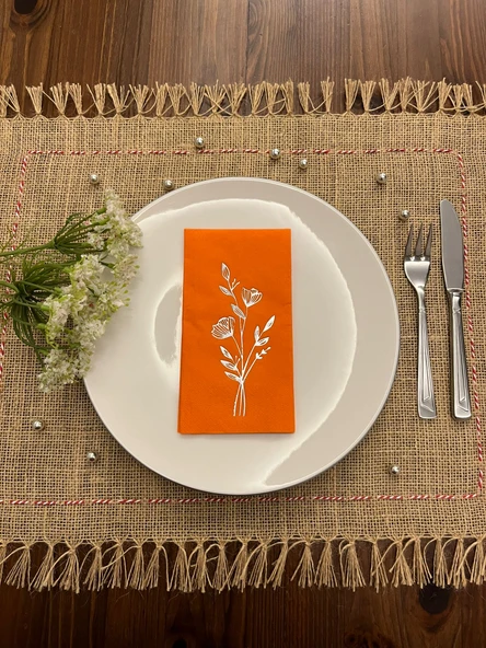 Gümüş Yaldızlı Turuncu Gelincik Çiçeği Baskılı Garson Katlama Peçete 16 Adet ürün görseli 1