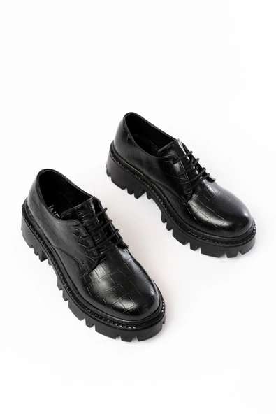 Siyah Kroko Bağcıklı Günlük Yüksek Tabanlı Loafer Ayakkabı - 4
