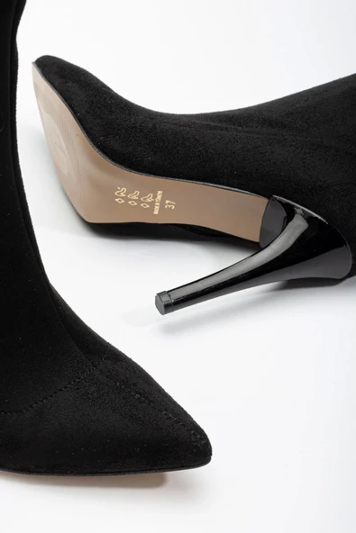 Siyah Süet Yüksek İnce Topuklu Fermuarlı Kadın Bot - Resim 5