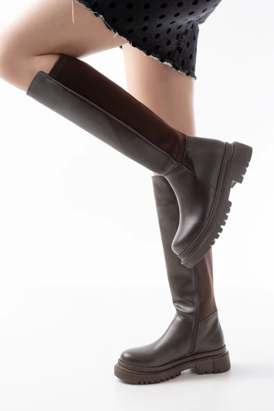 Kahve Arkası Streç Fermuarlı Günlük Kadın Çizme - 4