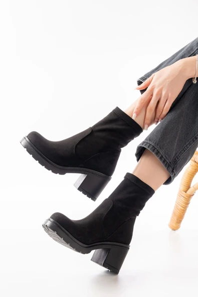 Siyah Süet Günlük Kalın Topuklu Kadın Bot - 5