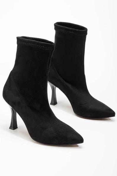 Siyah Süet Yüksek İnce Topuklu Streç Kadın Bot - Resim 4
