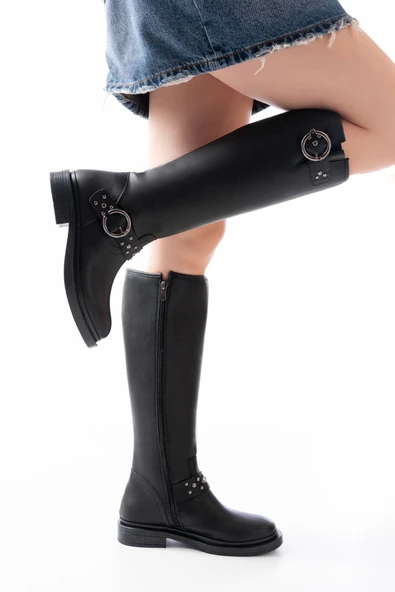 Siyah Toka Aksesuarlı Lastikli Fermuarlı Günlük Kadın Çizme
