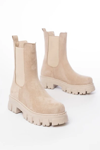 Bej Süet Yüksek Tabanlı Lastikli Günlük Kadın Bot - 2