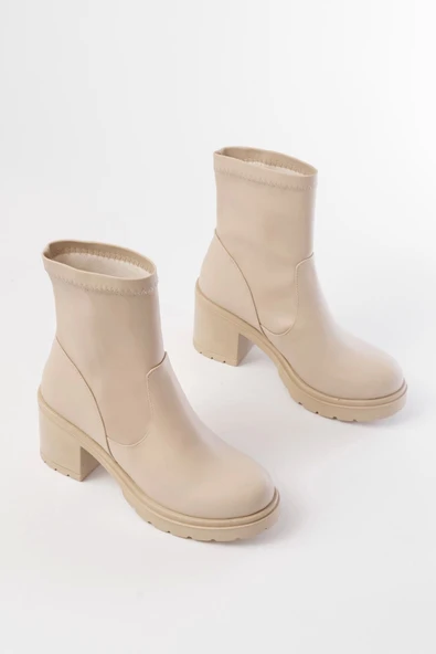 Bej Günlük Kalın Topuklu Kadın Bot - Resim 3