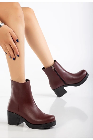 Bordo Fermuarlı Kalın Topuklu Günlük Kadın Bot - Resim 5