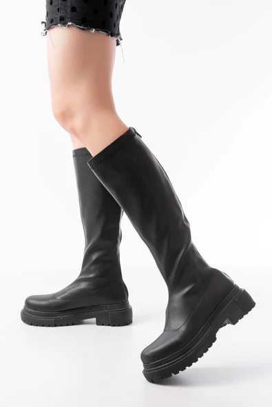 Siyah Streç Arkadan Fermuarlı Günlük Kadın Çizme - 2