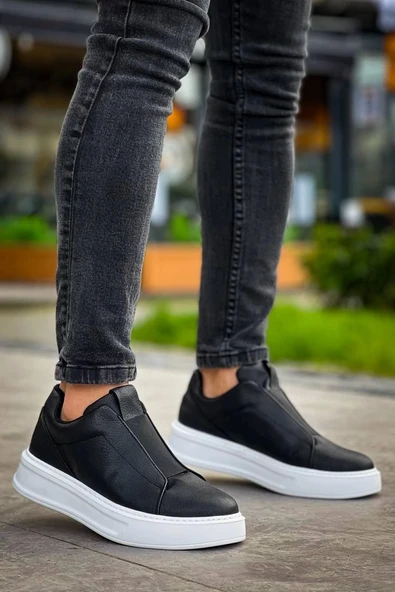 Tb-007  Terzi Bey Siyah Beyaz Yüksek Taban Tek Bant Bağcıksız Günlük Erkek Ayakkabı ürün görseli