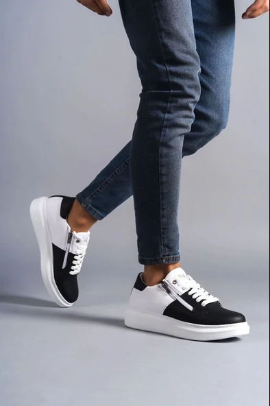 Tb155 Warrior Bağcıklı Ve Fermuarlı Cilt Erkek Günlük Sneaker Ayakkabı Cbt - Beyaz/siyah