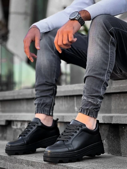 Tb-056 Terzi Bey Siyah Cilt Siyah Yüksek Taban Günlük Spor Ayakkabı - 2