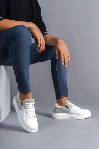 Tb155 Warrior Bağcıklı Ve Fermuarlı Cilt Süet Erkek Günlük Sneaker Ayakkabı Csbt - Beyaz/gri