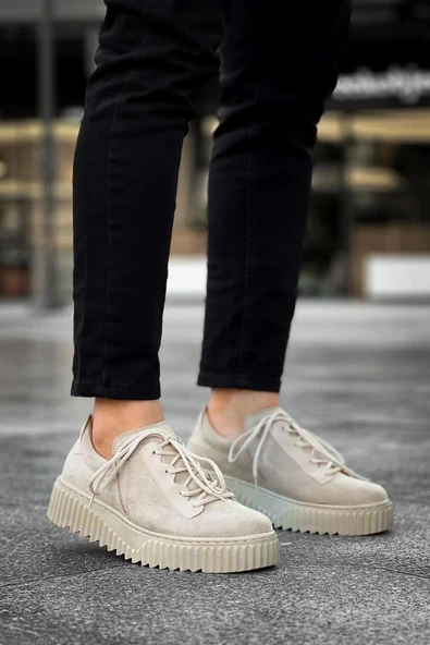 Tb-x502  Terzi Bey Bej Süet Yüksek Bej Taban Bağcık Detaylı Lastikli Günlük Erkek Ayakkabı