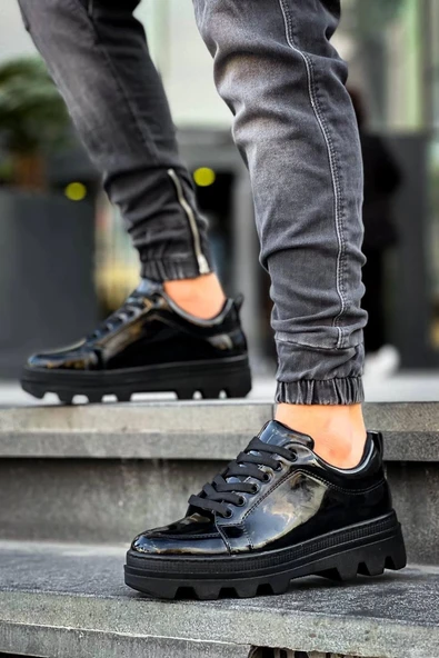 Tb-056 Terzi Bey Siyah Rugan Siyah Yüksek Taban Günlük Spor Ayakkabı - Resim 2