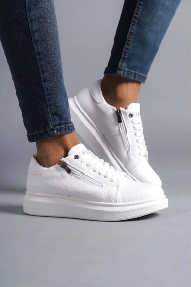 Tb155 Warrior Bağcıklı Ve Fermuarlı Cilt Erkek Günlük Sneaker Ayakkabı Cbt - Beyaz