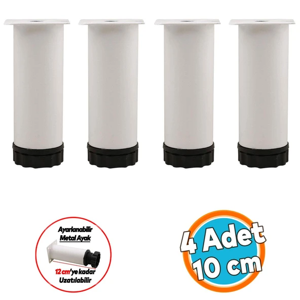Mobilya Kanepe Baza Koltuk Dolap Metal Yükseltici Destek Ayağı Ayarlanabilir Beyaz Ayak 10 cm 4 Adet ürün görseli