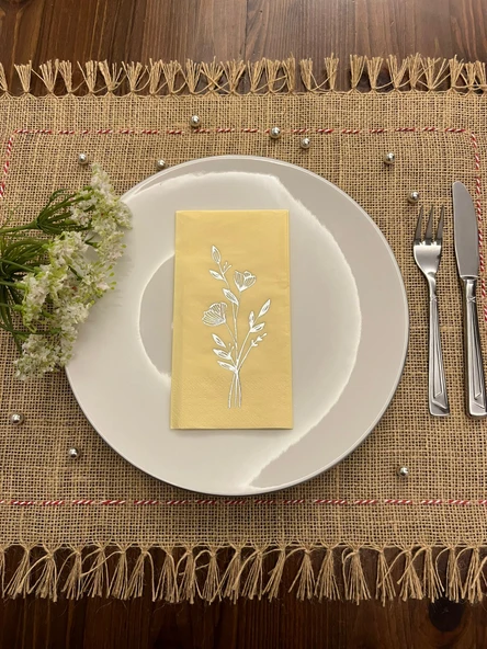 Gümüş Yaldızlı Sarı Gelincik Çiçeği Baskılı Garson Katlama Peçete 16 Adet ürün görseli 1