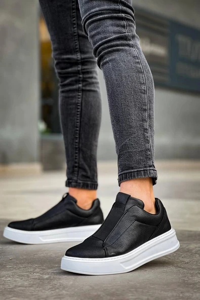 Tb-007  Terzi Bey Siyah Beyaz Yüksek Taban Tek Bant Bağcıksız Günlük Erkek Ayakkabı - Resim 2