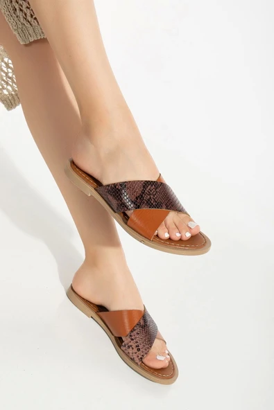 169-076 Taba Ortopedik Hakiki Deri Çapraz Bantlı Kadın Terlik - 5