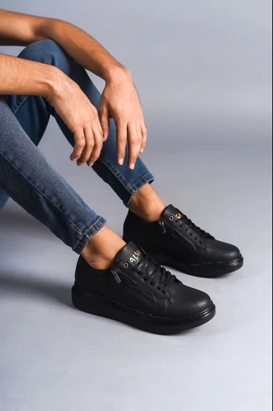 Tb155 Warrior Bağcıklı Ve Fermuarlı Cilt Erkek Günlük Sneaker Ayakkabı Cst - Siyah