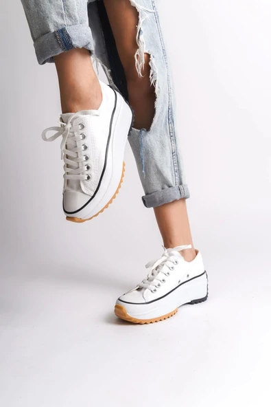 Parıs Bağcıklı Ortopedik Taban Kadın Sneaker Spor Ayakkabı Bt - Beyaz - 3
