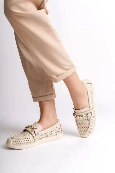 Lıly Bağcıksız Ortopedik Rahat Taban Kalp Desenli Kadın Babet Ayakkabı Kt - Krem - 3