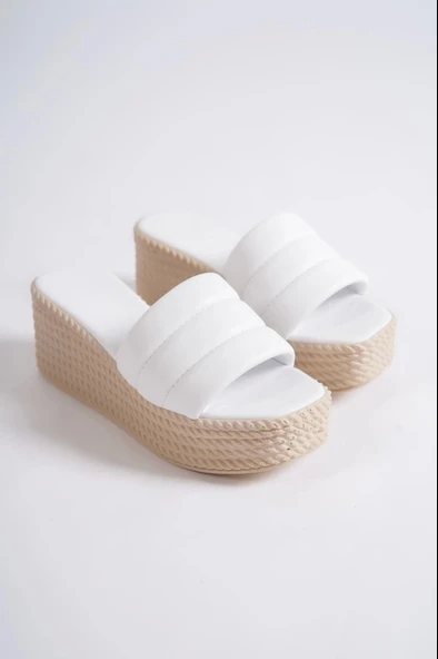 Reına Dolgu Topuklu Ortopedik Taban Hasır Görünümlü Kadın Terlik Kt - Beyaz - 6