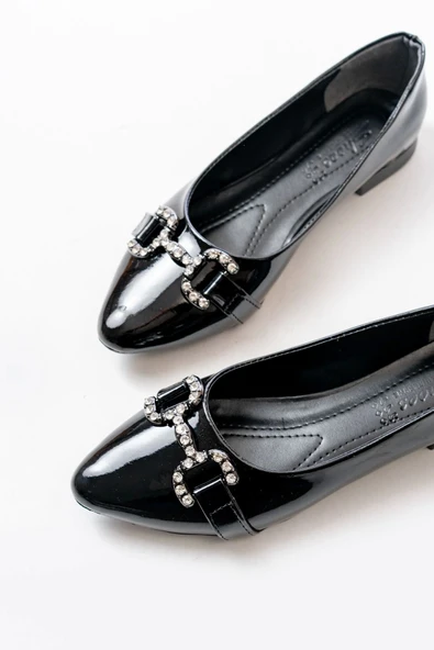 İNF-133 Siyah Rugan Taşlı Tokalı Günlük Kadın Babet - 2