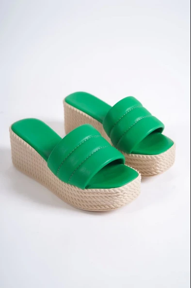 Reına Dolgu Topuklu Ortopedik Taban Hasır Görünümlü Kadın Terlik Kt - Yeşil - 4