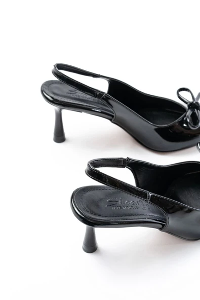 İNF-4500 Siyah Rugan Günlük Arkası Açık Fiyonklu Topuklu Bayan Ayakkabı - 4