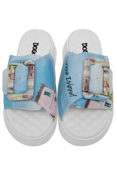 Kadın Vegan Deri Mavi Terlik - Burano Island Tasarım - 2