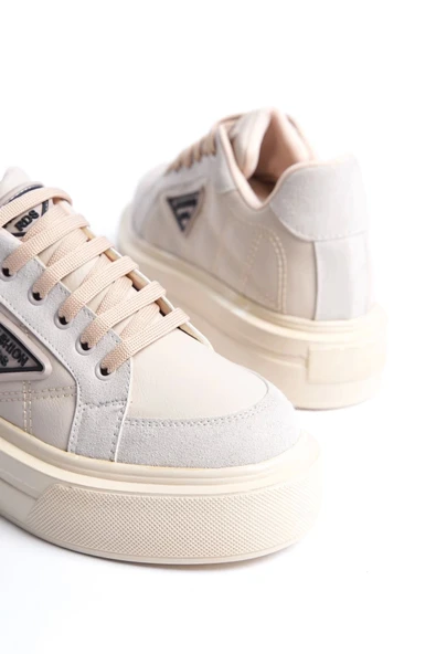 Prag Bağcıklı Ortopedik Taban Desenli Kadın Sneaker Spor Ayakkabı Kt - Krem - 5