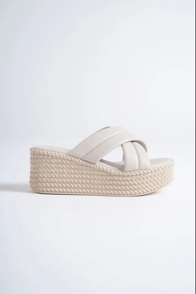 Joymıx Dolgu Topuklu Ortopedik Taban Hasır Görünümlü Kadın Terlik Kt - Krem - 6