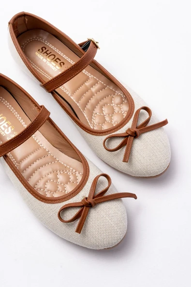 6321 Bej Keten Günlük Baret Tokalı Bayan Babet - 5