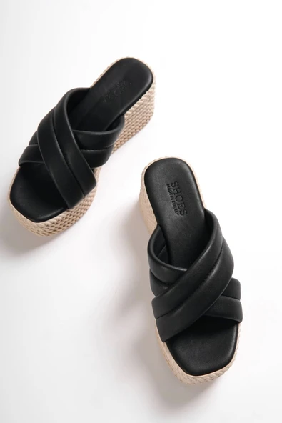 Joymıx Dolgu Topuklu Ortopedik Taban Hasır Görünümlü Kadın Terlik Kt - Siyah - 5