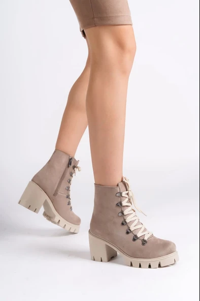 Emma Bağcıklı Fermuarlı Ortopedik Taban Topuklu Süet Kadın Bot Tt - Ten