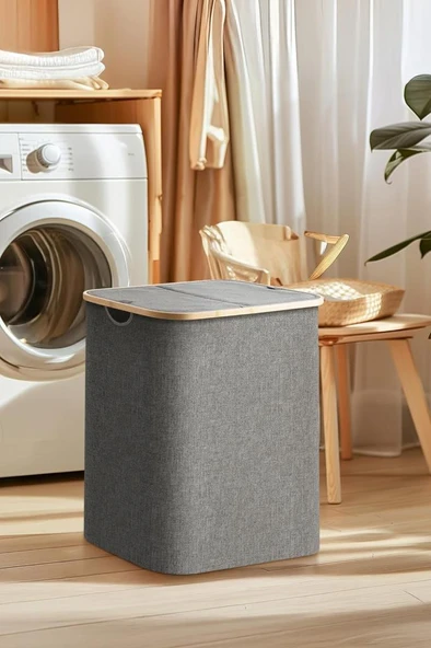 Mien Bambu Kenarlı Kumaş Katlanabilir 100 Lt Çamaşır Sepeti 54x33x58 - 2