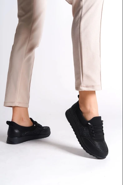Vıolet Bağcıklı Lastikli Ortopedik Rahat Taban Taş Detaylı Klasik Kadın Babet Anne Ayakkabısı St - Siyah - 3