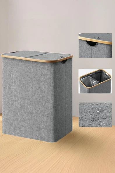 Mien Bambu Kenarlı Kumaş Katlanabilir 100 Lt Çamaşır Sepeti 54x33x58 - 4