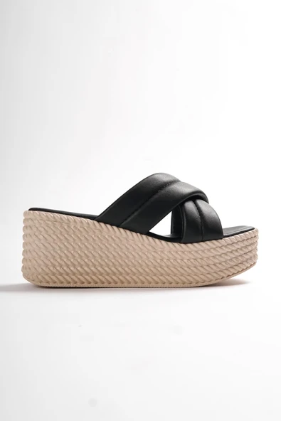 Joymıx Dolgu Topuklu Ortopedik Taban Hasır Görünümlü Kadın Terlik Kt - Siyah - 7