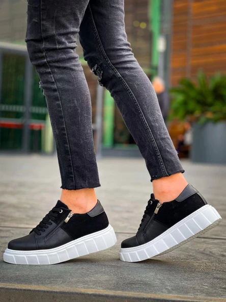 Tb-x155 Terzi Bey Siyah Cilt Siyah Süet Detaylı Beyaz Yüksek Taban Günlük Spor Ayakkabı - Resim 4